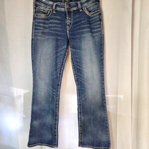 Silver Boot Cut Distressed Jeans, Ladies, Blue, W32